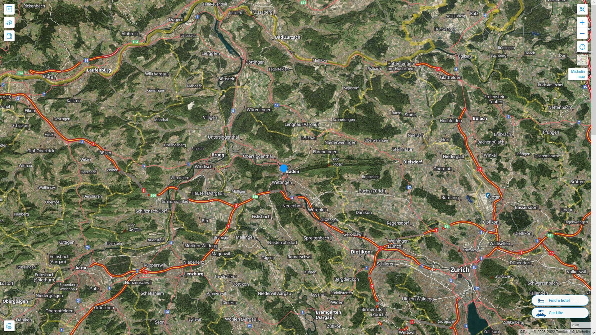 Baden Suisse Autoroute et carte routiere avec vue satellite